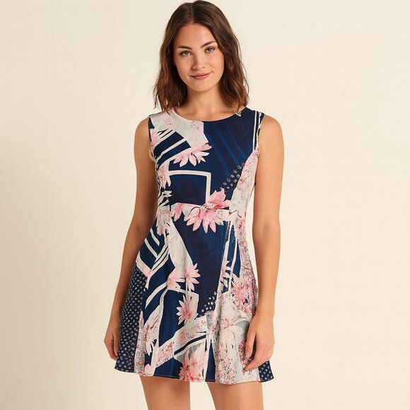 French Connection Patchwork Floral Skater Mini Dress - Navy, Pink, White - M - Picture 1 of 13